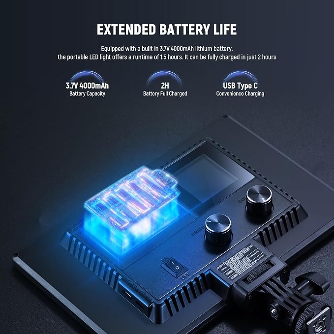 Neewer 9" LED Video Light Panel, Dimmable DSLR Camera Soft Lighting, 4000mAh Rechargeable Battery, USB Type C Ports, 3200K~5600K CRI95+ 600Lux for Photography Video Recording Live Streaming, NL-116AI