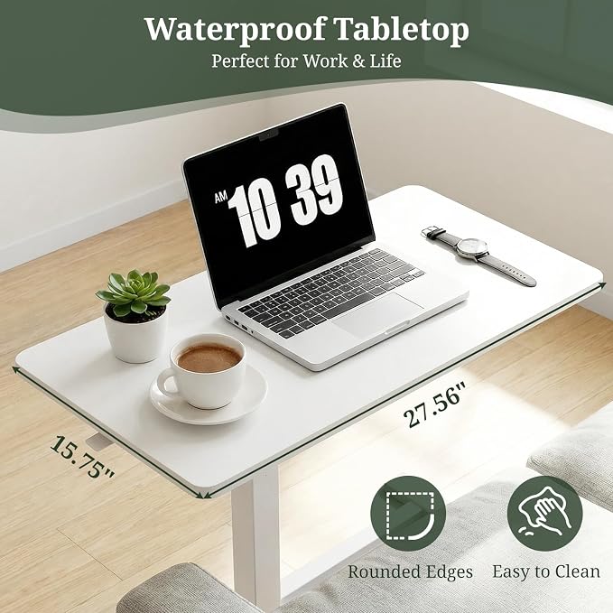 Mobile Standing Desk, Adjustable Height Desk with Hidden Casters, Portable Laptop Computer Table with Rolling Wheels, for Sit Stand Workstation, Compact and Sturdy for Home, Office, Dorm, White