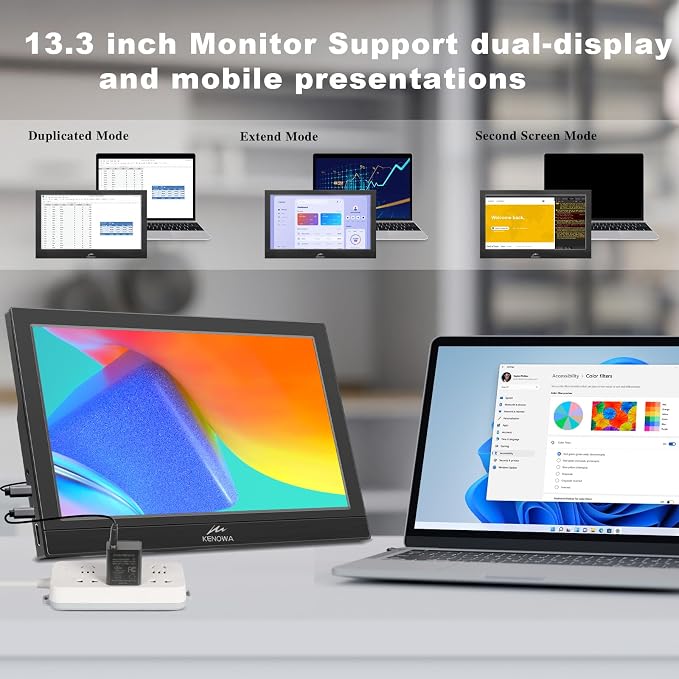 Kenowa Portable Monitor 13.3 Inch - HD 1366x768P LED Display External Monitor with USB C HDMI, Built-in Speakers Second Screen for Laptop Phone Mac PC PS4 Xbox