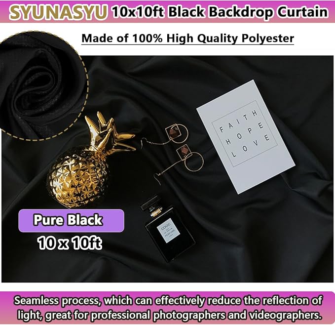 Black Backdrop 10 X 10 Ft, Solid Black Photo Backdrop, High Density Polyester Fabric Pure Black Backdrop Curtain Screen, Collapsible Seamless Black Background for Photoshoot Party Video Studio
