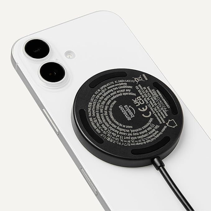 Amazon Basics 25W Qi2.2 Certified Wireless Charging Pad, MagSafe Compatible for iPhone 17/16/15/14/13/12, Magnetic Compatible for Android, Google Smartphones, Black (Adapter Not Included)