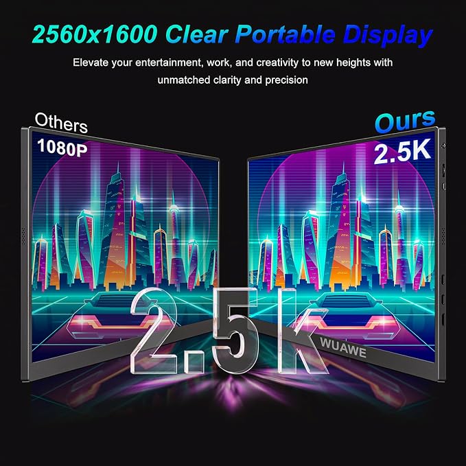 WUAWE Portable Monitor 16" 16:10 IPS Travel Monitor for Laptop, 100% sRGB Control USB-C HDMI,HDR Freesync Display, Plug&Play for Phone PS5 Switch (2.5K|144HZ, Black, 16inch)