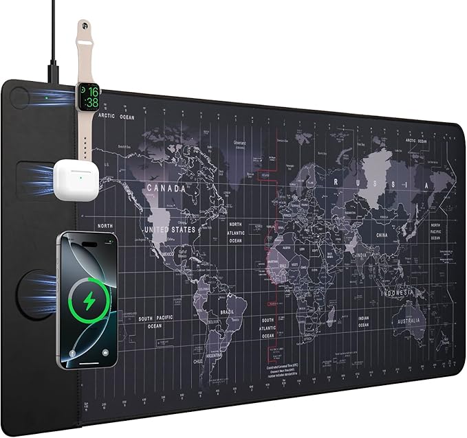 VOVIPO Wireless Charging Mouse Pad 15W, Waterproof Gaming Mousepad with Ultra-Smooth Surface, Non-Slip Base, XXL Large Desk Mat 90 x 40cm,Black World Map Computer Desk Pad for MacBook, PC, Laptop