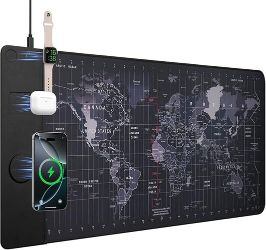 VOVIPO Wireless Charging Mouse Pad 15W, Waterproof Gaming Mousepad with Ultra-Smooth Surface, Non-Slip Base, XXL Large Desk Mat 90 x 40cm,Black World Map Computer Desk Pad for MacBook, PC, Laptop