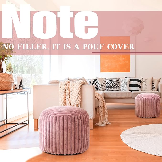 Teenyyou 2 Pcs 20 x 15 Inch Unstuffed Pouf Cover Ottoman Foot Rest - No Filler, Faux Rabbit Fur Foot Stool Floor Bean Bag Floor Chair Storage for Living Room Bedroom Home Decor(Pink)