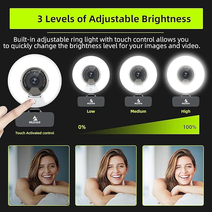 NexiGo N960E 1080P 60FPS Webcam with Light, Software Included, Fast AutoFocus, Built-in Privacy Cover, USB Web Camera, Dual Stereo Microphone, for Zoom Meeting Skype Teams Twitch (Renewed)