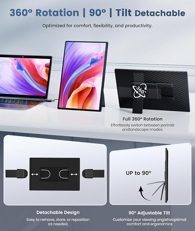 Synnov Portable Monitor, 16" 1200P FHD Laptop Screen Extender, 360° Rotating Detachable Stand, Plug&Play Travel Monitor for Laptop, Ultra-Slim & Zero-Frame Dual Screen for Win/Mac/Android