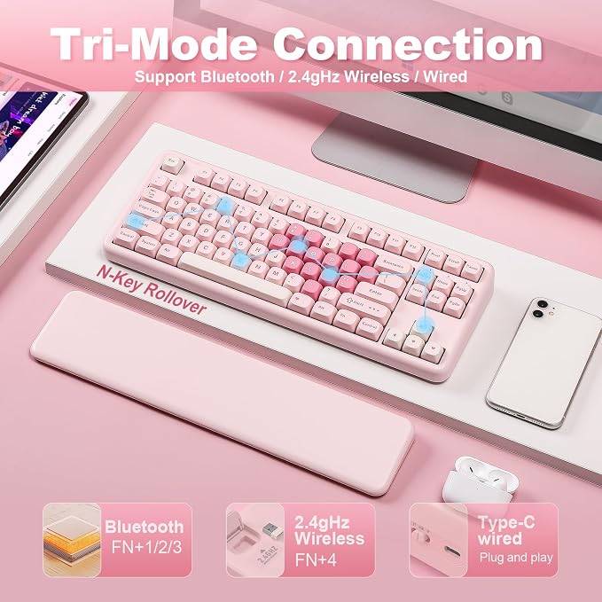YUNZII B87 Wireless Mechanical Keyboard,QMK/VIA Programmable,TKL Layout 87 Keys,BT/2.4G/USB-C,Hot Swap Gasket Mount RGB Backlit Gaming with Wrist Rest for Win/Mac (Pink, Milk V2)
