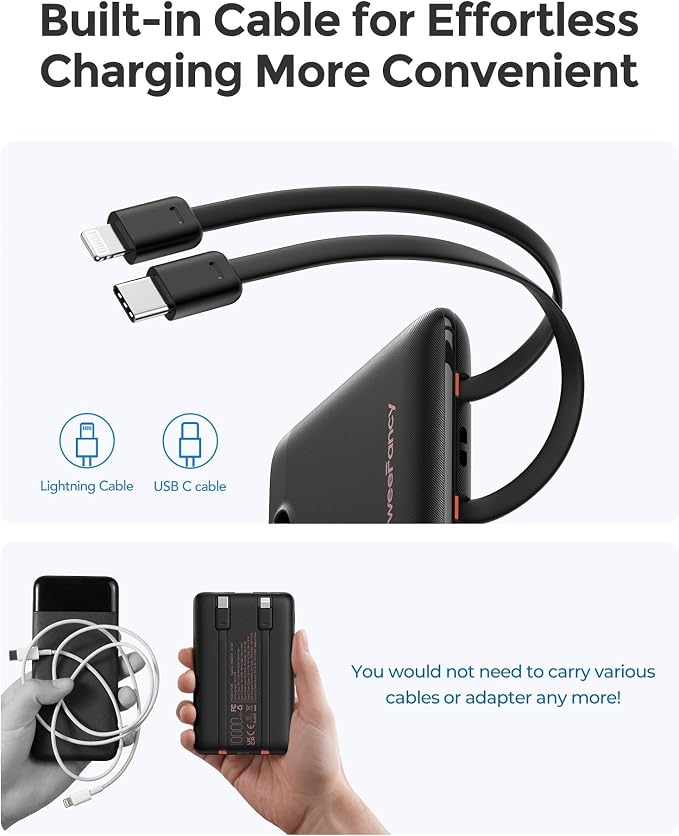 WeeFancy Mini Portable Charger with Built-in Cables 22.5W Fast Charging Power Bank USB-C Small Battery Pack 10000mAh Travel Essential Slim Battery for iPhone 17/16/15/14, Samsung 25/24, and More