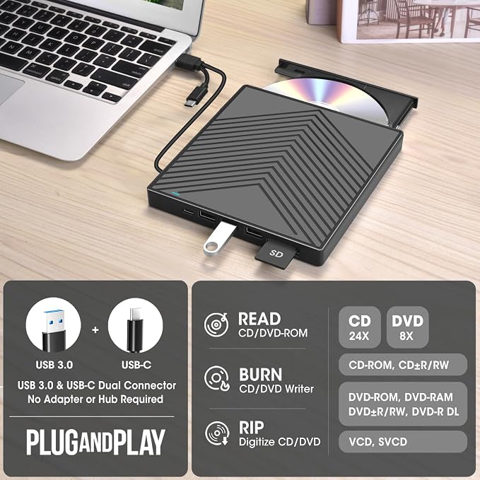 ROOFULL External CD DVD Drive, USB 3.0 Type-C CD Burner DVD Player Optical Disk Drive Writer with 4 USB Ports + 2 SD/TF Card Reader + Protective Carrying Case for Laptop PC Windows Mac Linux Computer