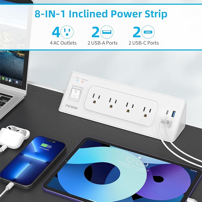 Electrical Outlet Extender with USB C, Flat Wall Plug Extension Cord with 4 Sockets, Surge Protector Power Strip 15 Amps/1200 Joules, 6.5 Ft Multi-Plug Extension Cable for Home Office Dorm, White