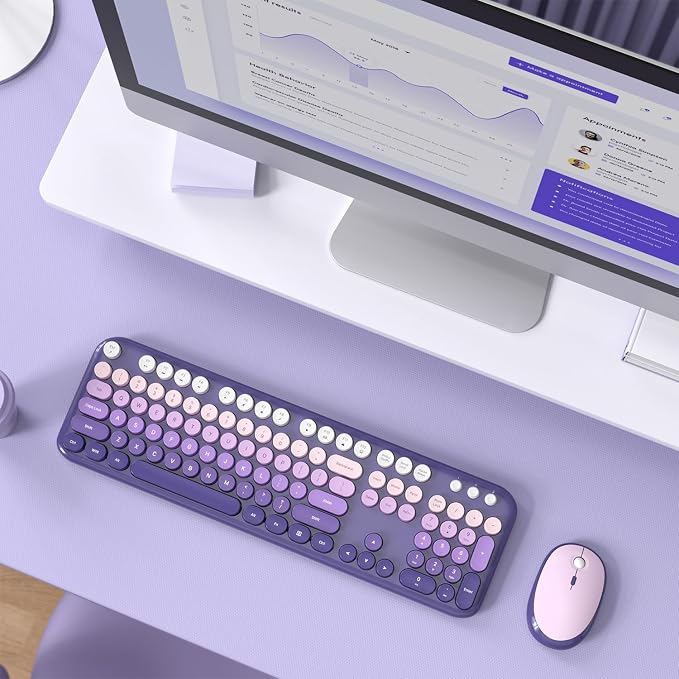 MOFII Wireless Keyboard and Mouse Combo, 2.4GHz Retro Typewriter Keyboard Full Size, Quiet Click Mouse, USB Receiver Plug and Play, for PC, Laptop, Desktop, Windows (Purple Gradient)
