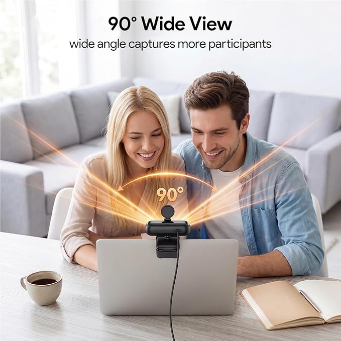 1080P Webcam with Microphone Noise Reduction, Auto Exposure, 90°FOV Wide Angle, Privacy Cover, USB-A to C Adapter, Plug & Play Streaming Camera for PC/Mac/Switch 2, Zoom/Teams/Skype/Meetings
