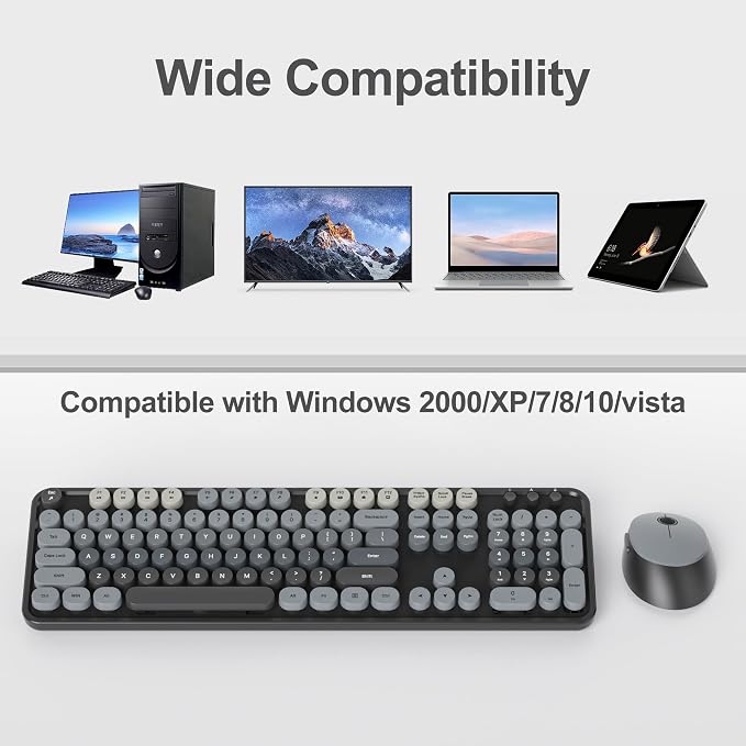 Fogruaden Black Keyboard and Mouse Wireless, Retro Typewriter Keyboard, 2.4GHz 104 Keys Full Size Cute Keyboard with Number Pad, Gradient Colorful Round Keycaps for Windows PC Desktops Laptop