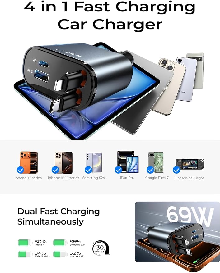 LISEN Retractable Car Charger, [2026 Upgrade 47.24 inch ] Long 4 in 1 Retractable Cable Car Charger, USB C Car Charger Fast Charging for iPhone 17 16 15 14 13 12 11 X Pro Max Plus Mini, Samsung S26