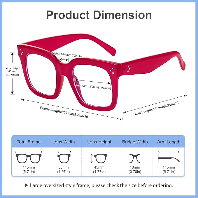 Ovresized Blue Light Blocking Glasses for Women Men Square Computer TV Eyeglasses