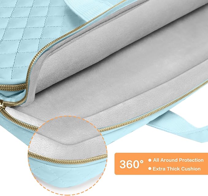 MOSISO 360 Protective Laptop Case 13.3 inch, 13-13.3 inch Laptop Sleeve Compatible with MacBook Air/Pro 13/Pro 14,HP Dell ASUS Lenovo, Square Quilted Bag Cover with 2 Pockets&Handle&Belt, Ice Blue