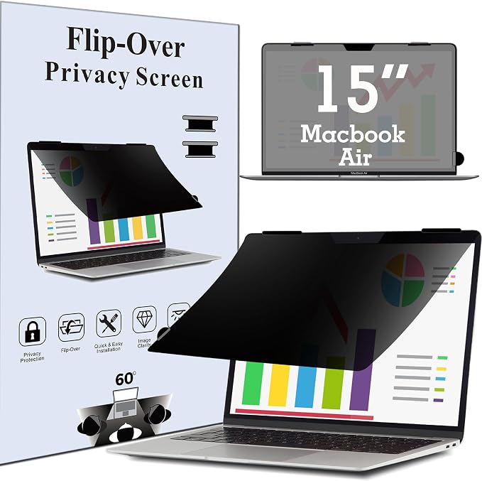 Privacy Screen for MacBook Air 15 Inch (2023-2025, M2, M3, M4) | Removable Flip Over Laptop Privacy Shield | Anti-Glare | Eye Protection| Aniti Spy | Blue Light Reduced Protector