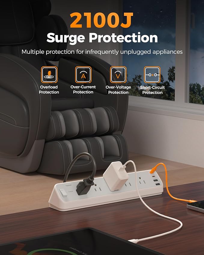 TESSAN Desk Clamp Power Strip 6 Ft, 2100J Surge Protector Desk Charging Station, 5 Outlets with 4 USB Ports (2 USB C), Flat Plug Extension Cord with Multiple Outlets for Home Office Dorm Room, Grey