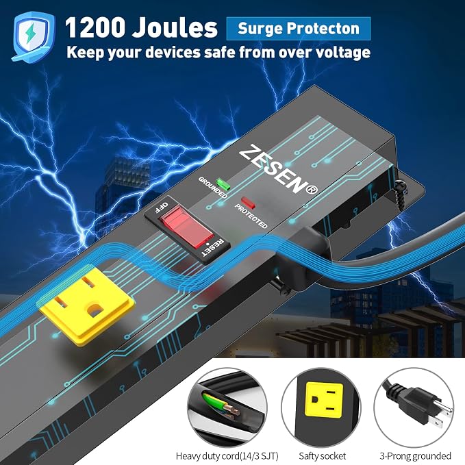 12 Outlet Long Power Strips Heavy Duty Wide-Spaced Outlets Industrial Power Strip Surge Protector with 4ft Cord for Garage Workshop Office Home, ETL Certified, 1875W, Black
