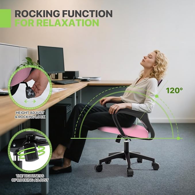 Magshion Ergonomic Office Chair 20 Pack, Mid-Back Mesh Desk Chair, Adjustable Swivel Computer Chair with Lumbar Support & Breathable Backrest for Gaming, Work, Study, 300 Lbs Capacity, Pink