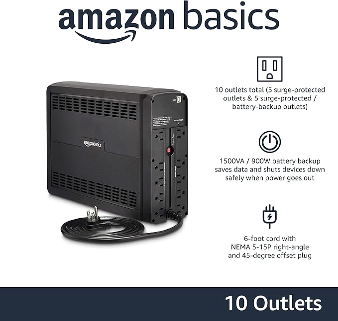 Amazon Basics UPS Battery Backup & Surge Protector, 1500VA/900W, 10 Outlets, Line Interactive Uninterruptible Power Supply with Sinewave Technology, Black