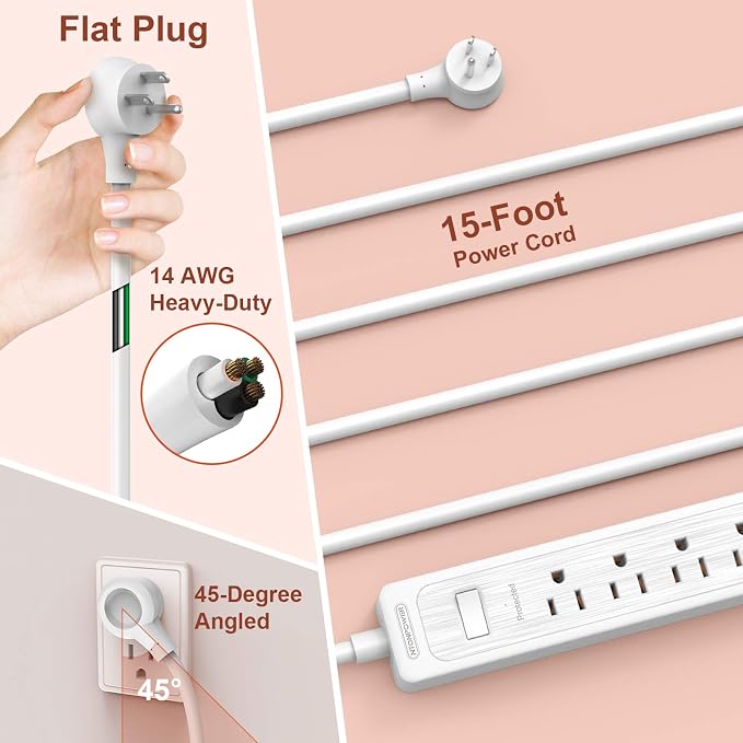 Extension Cord 15 ft, 6 Outlets Outlet, Heavy Duty Long Power Strip Flat Plug, 1875W Flat Plug, Widely Spaced Outlet, Wall Mount for TV Dorm Office Home Theater, White
