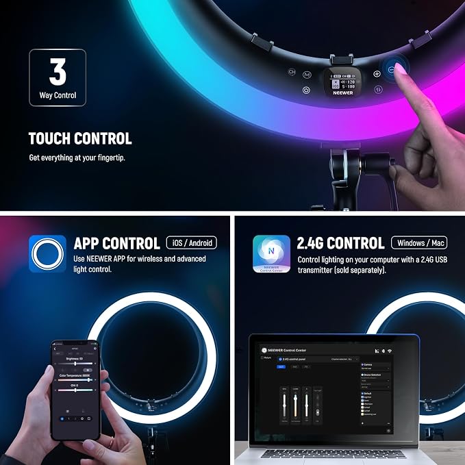 NEEWER 19" RGB LED Ring Light with Stand, 3 Phone Holders, Touch Panel, 2.4G/App Control, 42W CRI97+ 2800lux/0.5m 360° Hue Dimmable Professional Lighting for Makeup Live Streaming Zoom Calls, RP19C