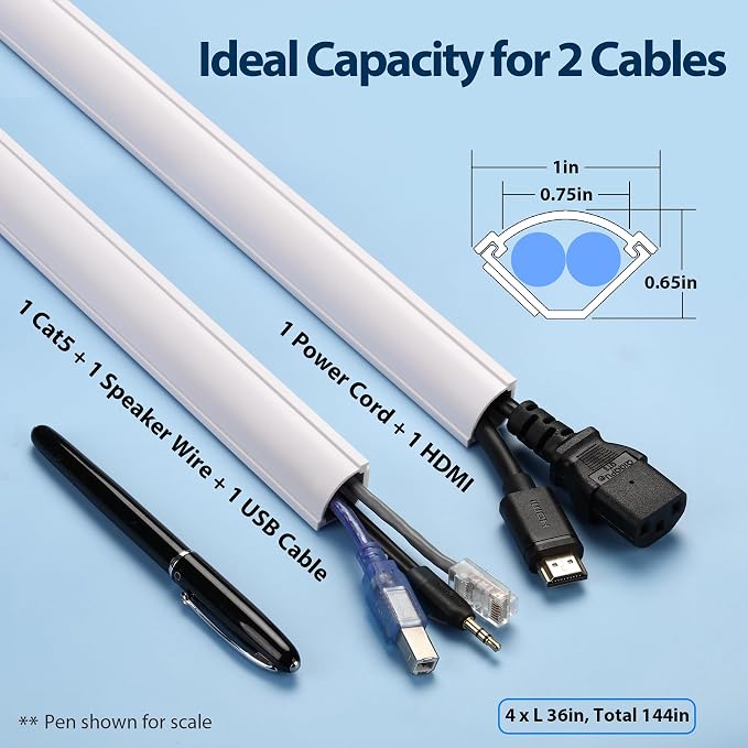ZhiYo Corner Cable Concealer 144in, Medium Corner Cord Hider, Wire Covers for Cords, Paintable Cord Cover, Cable Management Channel Raceway for Wall, Floor Baseboard, Ceiling, 4 x L36in White