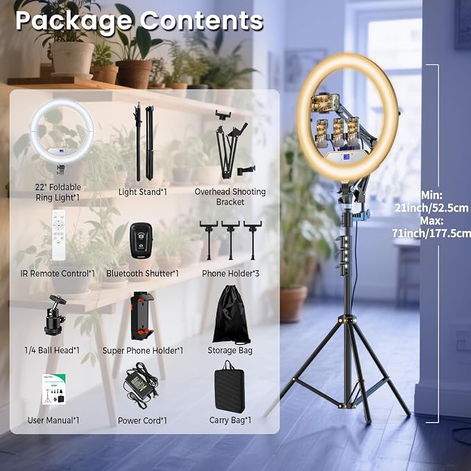 22" Foldable Large Ring Light with Stand for iPhone iPad,75" Tripod with Overhead Shooting Bracket 50W 6500K 4 Clips/LCD Display/2 USB PortsTattoo Barber Makeup Studio Video Photography Lighting