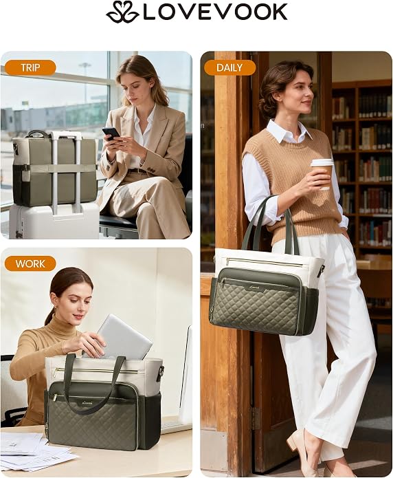 LOVEVOOK Teacher Tote Bag with Accordion File Pocket, Soft PU Leather Work Briefcase Quilted Laptop Bag with Large Cup Holder