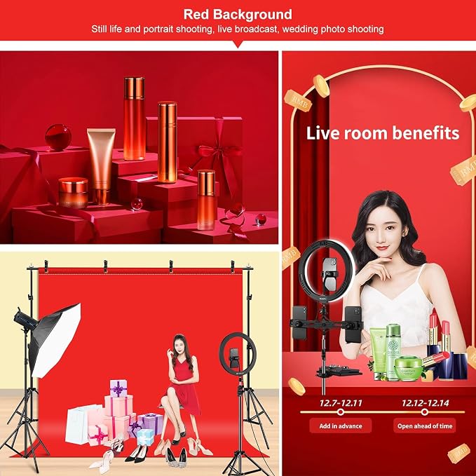 PULUZ Photo Background Support System with 9.5x6.5ft/300x200cm Backdrop Stand Kit, Portable greenscreen Background and Blue Red Backdrop for Photography, Video Shooting, Live Streaming, Party