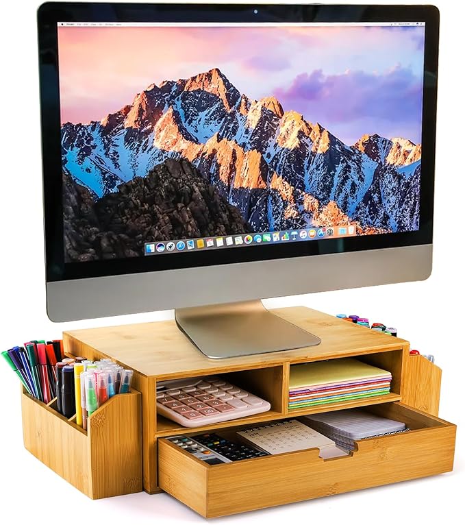 Hiceeden 2 Tier Bamboo Desktop Organizer, Desk Monitor Stand Riser with 1 Drawer and 2 Pen Holder, 2 Compartment Computer Desk Storage Organizer for Laptop, Printer
