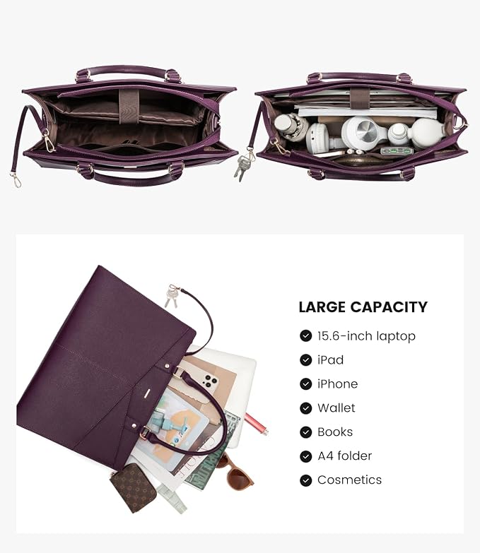 LOVEVOOK Laptop Tote Bag for Women, Leather Business Office Work Bag Computer Briefcase with Small Clutch fit for 15.6 Inch Laptop Purple