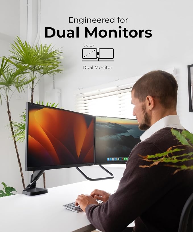 Modernsolid Dual Monitor Arm Desk Mount with Gas Spring, Fits 17–32 inches Screens up to 33 lbs, VESA 75x75/100x100, Crossbar Handle for Easy Adjustment, Black