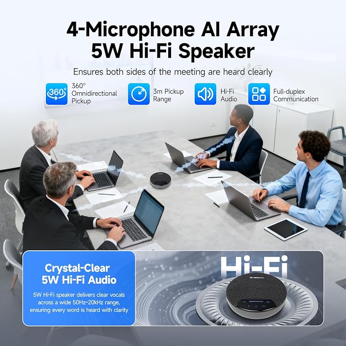 SVBONY SVN O1 Conference Speaker and Microphone, 3A+AI Noise Cancelling Conference Speaker for Clear Sound Quality, 3 Methods Plug & Play, 4Mic with 360°Voice Pickup Supports 10-12 People for Meeting