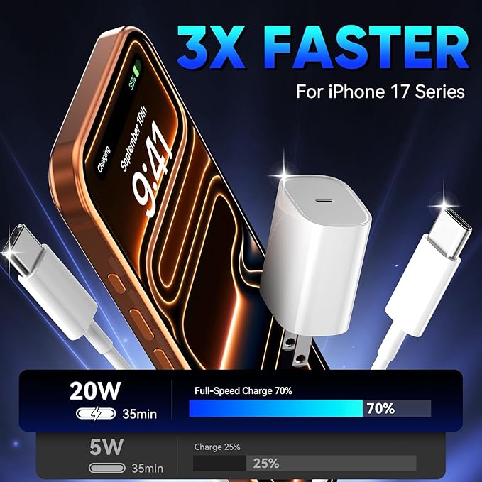 iPhone 17 16 15 Pro Charger Fast Charging, 20W USB C Fast Charger Block with 10ft Long Type C Chargers Fast Charging Cable Cord for iPhone 17/17 Pro/17 Pro Max/Air/16 Pro Max/16 Pro/15 Pro Max/Pro,S24