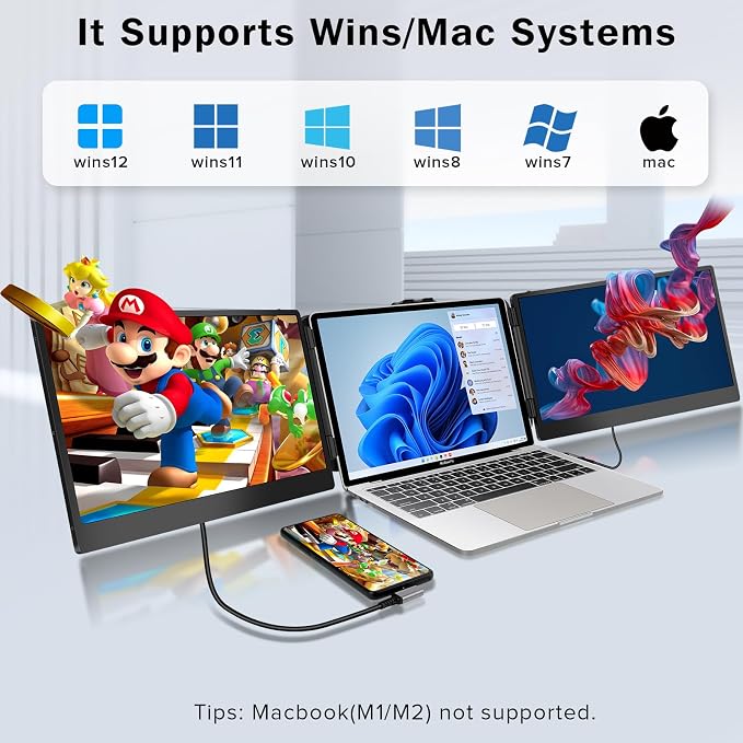 Laptop Screen Extender - 14 Inch 1080p FHD IPS Triple Portable Monitor for 13-17.3 Inch Laptops - Plug and Play Type-C/HDMI for Windows, Mac