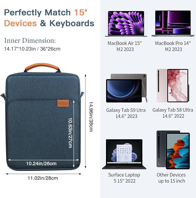 MoKo 15 Inch Laptop Sleeve Bag Fits New Mac Air 15" M5 2026, Mac Pro 14" M5/M5 Pro/M5 Max 2026, Galaxy Tab S9 Utra 14.6" 2023, Handle Carrying Case with Shoulder Strap, Indigo