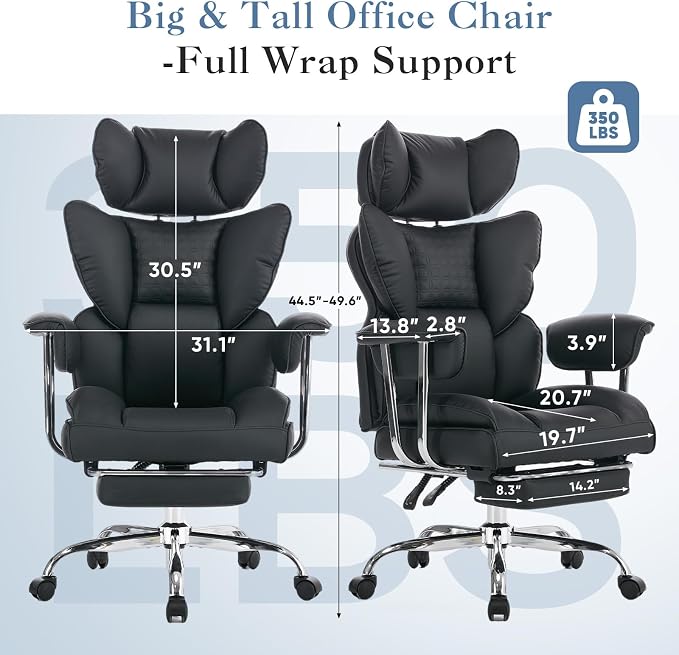 DUMOS Big and Tall Office Chair 350 LBS, Scratch-Resistant PU Leather Executive Office Desk Chair with Footrest, Ergonomic Reclining Computer Chair with Pocket Spring Support for Home Office, Black