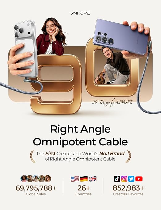 AINOPE USB to USB C Cable [2-Pack, 6.6ft] 3.1A Type C Charger Fast Charging, Right Angle USB C Cable for iPhone 17 Carplay Cable, Galaxy S10+ S10 S9, Note 10 9, LG V30, Moto, iPhone 16 15 Charger Cord