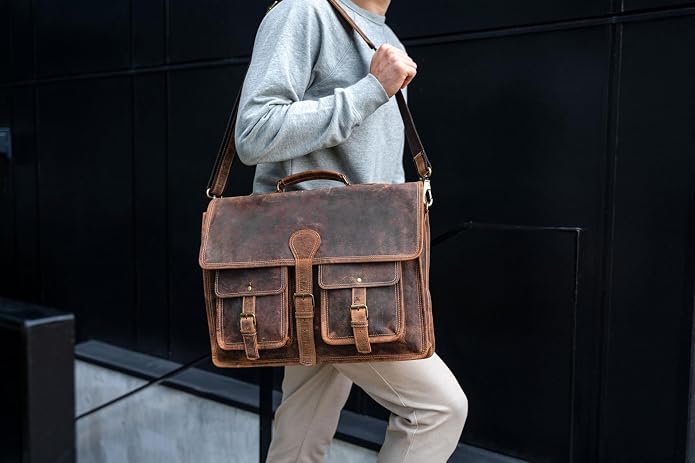 Leather briefcase 18 inch laptop messenger bag for men and women best satchel office bag