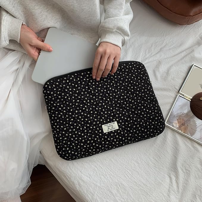Puffy Laptop Sleeve 13-15.6 Inch Corduroy Quilted Laptop Protective Case Cute Floral Computer Sleeve Protective for MacBook (Black Ditsy Floral, 13-14 Inch)
