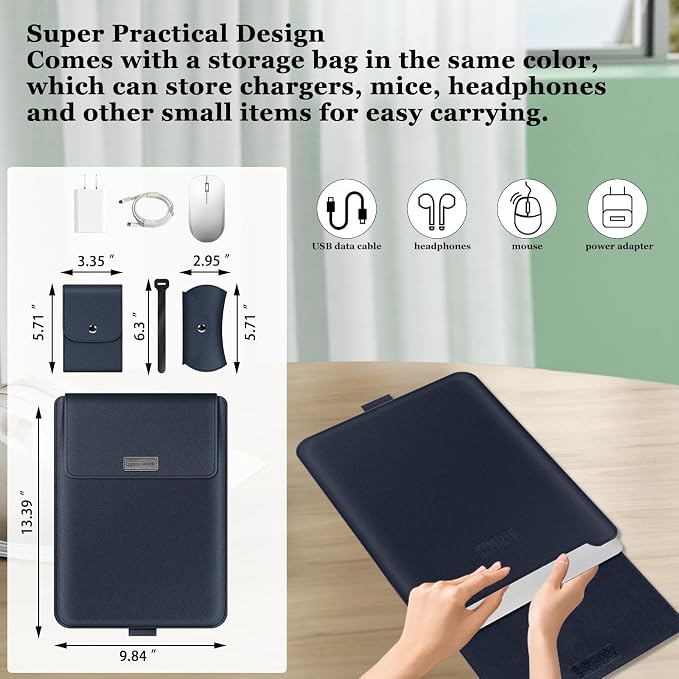 13-14 inch Laptop Sleeve Protective Case for MacBook Air/Pro 13-14" M5/M4/M3/M2/M1 (Pro/Max), [3 in 1] PU Leather Laptop Waterproof Slim Cover with Stand and Mouse for MacBook - Dark blue