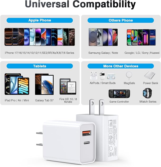 2-Pack Type C Charger Adapter, 20W Multiport Fast Charge Power Brick Cube for iPhone 16/17, iPad, iPod, Samsung Galaxy, Motorola, PS5, Huawei, HTC, LG, Nokia, QC+PD 3.0 USBA Box Wall Plug