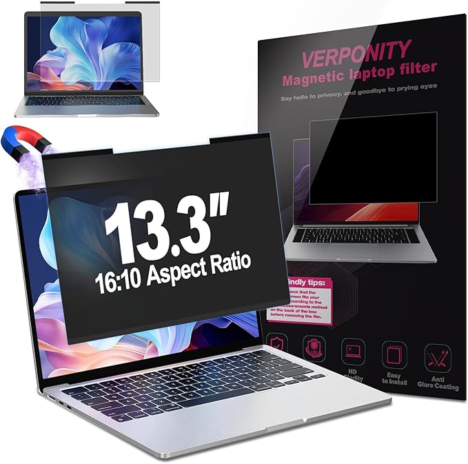 Magnetic Laptop Privacy Screen 13.3 Inch 16:10 Display, Removable Computer Screen Privacy Shield, Anti-Glare Blue Light Protector Compatible with Dell Hp Lenovo Acer Asus Samsung