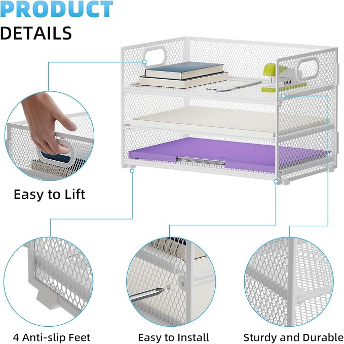 Marbrasse 3 Tier Paper Organizer Letter Tray, Mesh File Organizer with Handle, Paper Sorter Desk Organizer for Home Office Supplies - 2p Pink