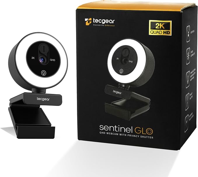 Sentinel GLO 2K Webcam with Light, Microphone, Touch Control, Autofocus, Privacy Shutter & 360° Adjustable | Camera for Computer, Laptop & Mac | USB Video Streaming for Zoom/Skype/Google Meet