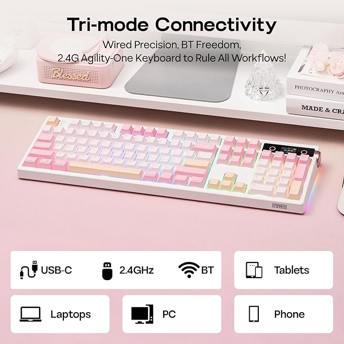 EPOMAKER TH108 PRO Full Size Mechanical Keyboard with Screen & Knob, Wireless Gaming Keyboard with 10000mAh, Creamy Gasket, Hot Swap, Custom Driver, RGB Backlight, NKRO (Pink, Sea Salt Silent)