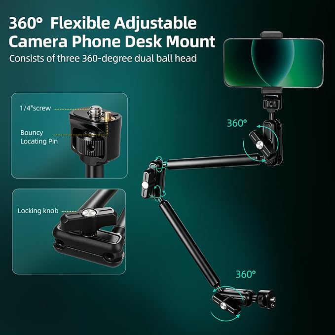 22" Magic Arm Clamp, Overhead Phone Mount Holder Stand, Flexible Desk Camera Mount, Articulating Friction Boom Arm with 1/4" 3/8" Threads for Phone, DSLR, Action Camera,Filming, Light, Webcam, Mic